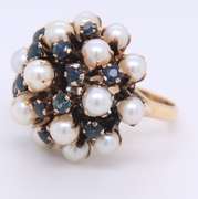 Vintage Yellow Gold Blue Sapphire and Pearl Cluster Ring