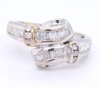Sparkling White Gold Channel Set Baguette and Round Diamond Bypass Ring