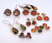 Group Lot of Vintage Sterling Silver Amber Earrings