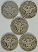 5 Assorted sharp 'O' Mint Barber Half Dollars 1907 to 1909