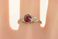 18K White Gold Art Deco Filigree Sim. Ruby Ornate Engagement Ring