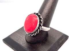 Ovular Red Coral Tibetan Silver Rope Design Ring