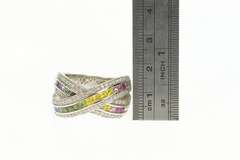 14K White Gold 3.35 Ctw Rainbow Sapphire Diamond X Men's Ring