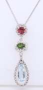 Charming White Gold Turmaline, Aquamarine and Diamond Pendant on Chain