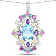 Plated Rhodium 10.43ctw Multi Color Gemstone Pendant with Chain