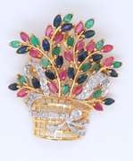 Optimal Yellow Gold Emerald, Ruby, Sapphire and Diamond Flower Basket Brooch