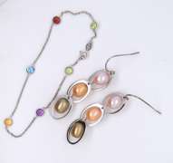 925 Sterling Silver Pearl Dangle Earrings and Multi Gemstone Bracelet