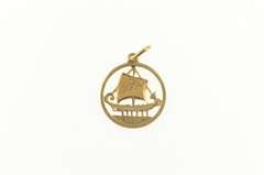 18K Yellow Gold Etched Viking Long Boat Round Retro Charm/Pendant