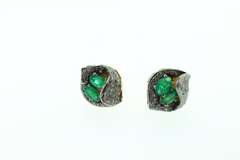 Abstract Emerald Pair Earrings with Gold Plated Silver and Riveting Diamond Wave