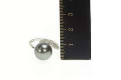14K White Gold Pave Diamond Tahitian Pearl Bypass Statement Ring