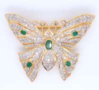 Incredible Yellow Gold oval Emerald and Diamond Butterfly Brooch