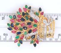 Optimal Yellow Gold Emerald, Ruby, Sapphire and Diamond Flower Basket Brooch