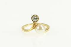 14K Yellow Gold Pearl VS Diamond 1960's Bypass Statement Ring