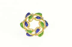 18K Yellow Gold 1950's Green Blue Enamel Domed Paisley Pin/Brooch