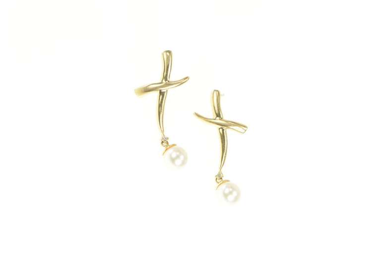 14K Yellow Gold Pearl Diamond X Criss Cross Dangle Designer Earrings