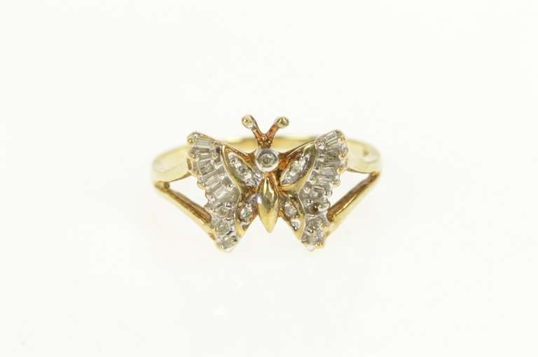 10K Yellow Gold Diamond Encrusted Butterfly Vintage Statement Ring