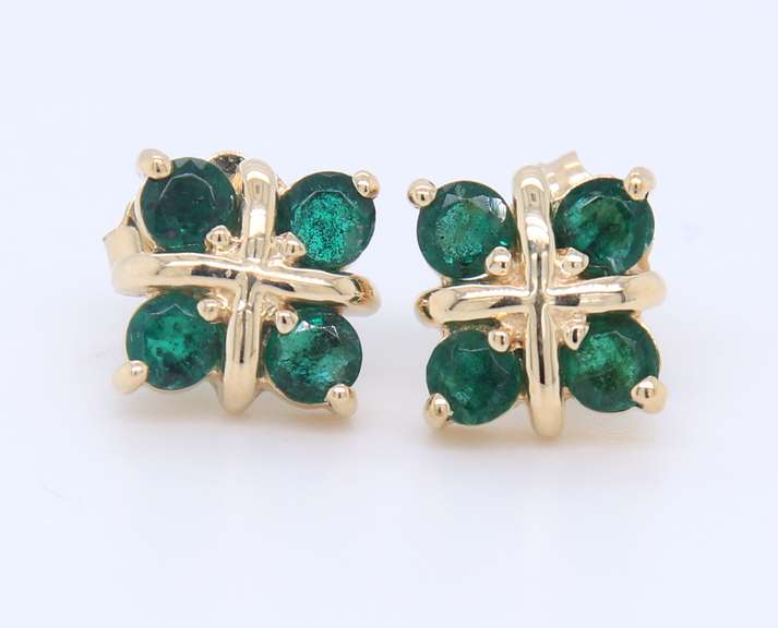 Nice Yellow Gold 4 Stone Emerald Stud Earrings
