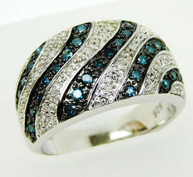 Wide Sterling Blue & White Diamonds Ring, Size 8