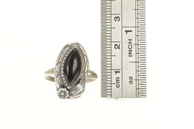 Sterling Silver Black Onyx Southwestern Artisan Leaf Feather Ring