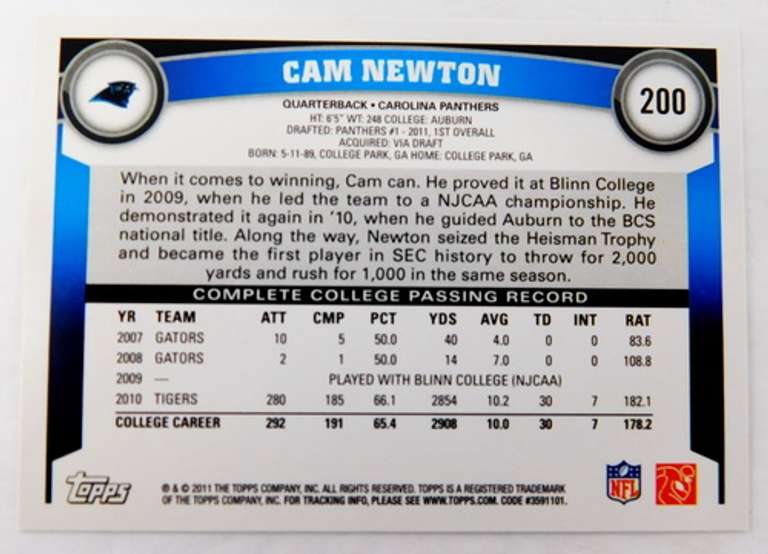 Cam Newton 2011 Topps Rookie Football Card