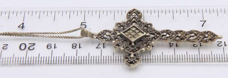 Vintage 925 Sterling Silver Marcasite Cross Pendant on Chain