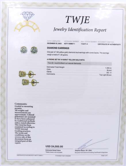 Elegant Yellow Gold 1.30ctw Brown Diamond Stud Earrings