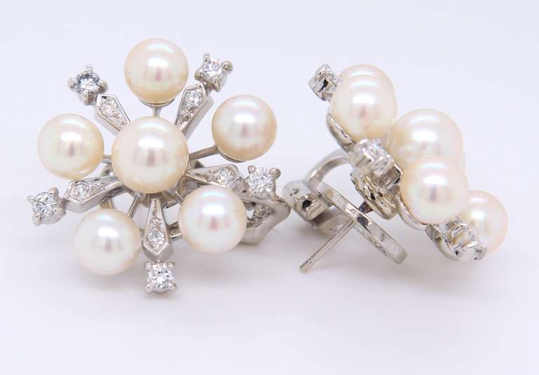 Fantastic White Gold Pearl and Diamond Star Earrings