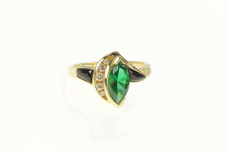 14K Yellow Gold Marquise Syn. Emerald Onyx Diamond Statement Ring