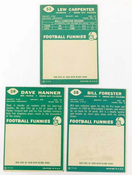 3 Topps 1960 Green Bay Packers Football Cards