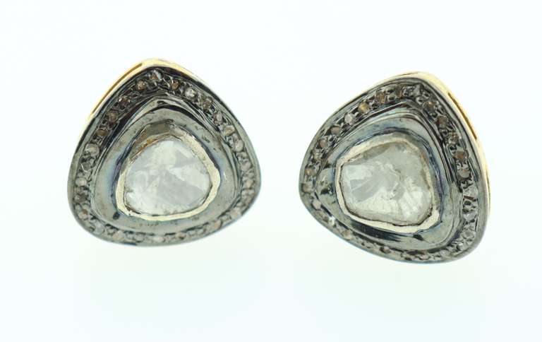 Angular Mine Cut Diamond Earrings with Gold Platted Silver and Diamond Accents