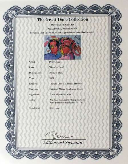 Peter Max, Original Painting, Mixed Media on Paper- Zero In Love