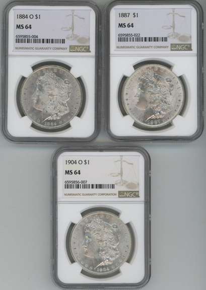 3 Diff. Blazing-white nearly Gem BU Morgan Silver Dollars. NGC MS64