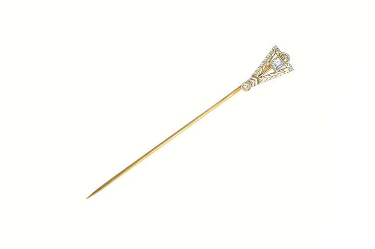 14K Yellow Gold Art Deco Filigree Diamond Syn. Sapphire Stick Pin