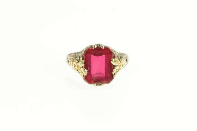 10K Yellow Gold Art Deco Filigree Syn. Ruby Statement Ring