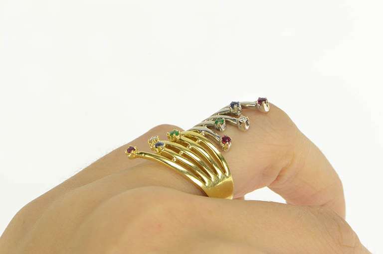 18K Yellow Gold Diamond Emerald Ruby Sapphire Fanned Bypass Ring