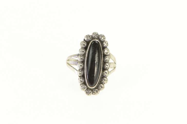 Sterling Silver Southwestern Oval Black Onyx Dot Trim Ring