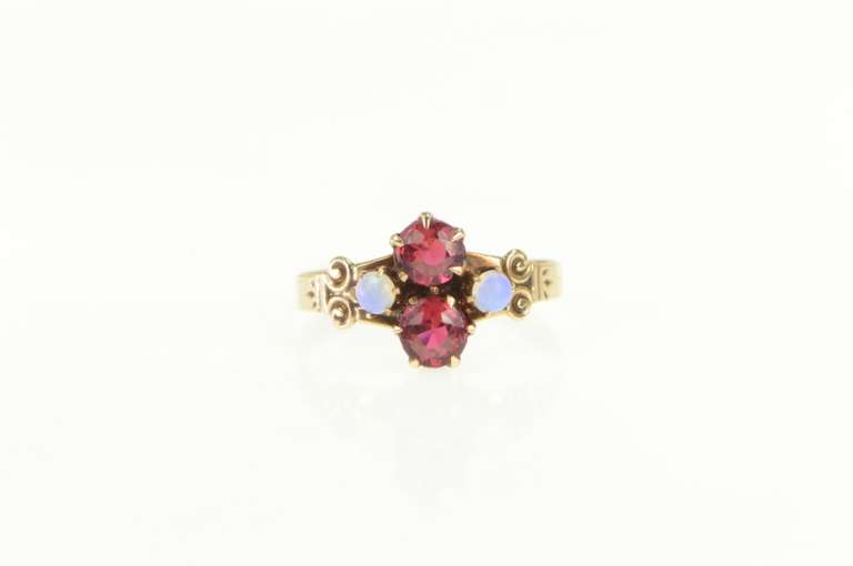14K Yellow Gold Victorian Opal Syn. Ruby Statement Vintage Ring