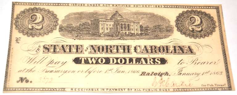 CU $2 State of North Carolina Raleigh 1863 Note