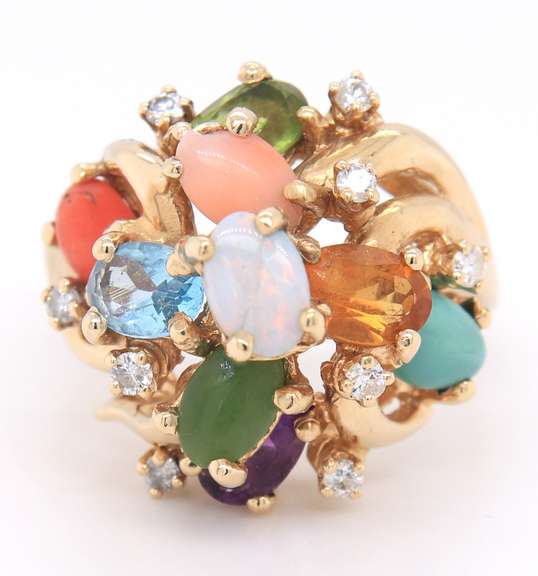 Powerful Yellow Gold Diamond and Multi Gemstone Cocktail Ring