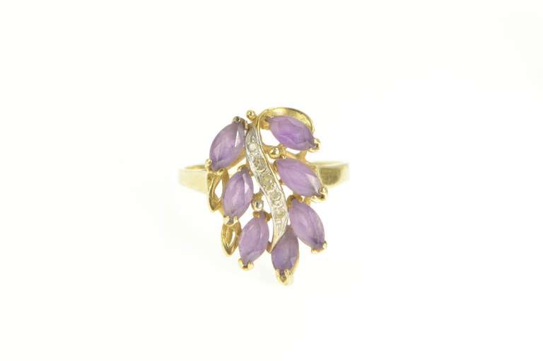 14K Yellow Gold Marquise Amethyst Diamond Wavy Leaf Cluster Ring