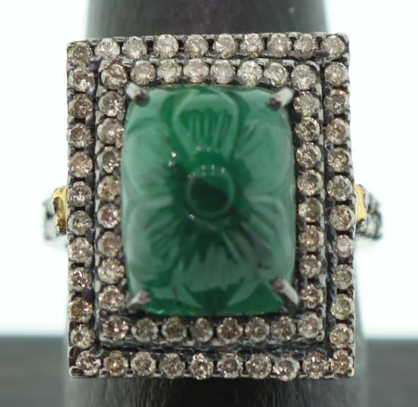 Embellished Floral Emeral Ring with Gold Plated Silver and Diamond Accents