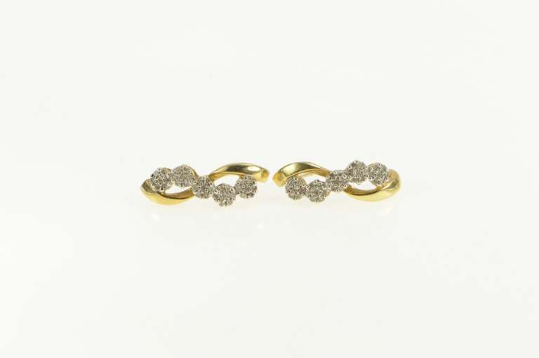 10K Yellow Gold Diamond Flower Wavy Cluster Semi Hoop Earrings