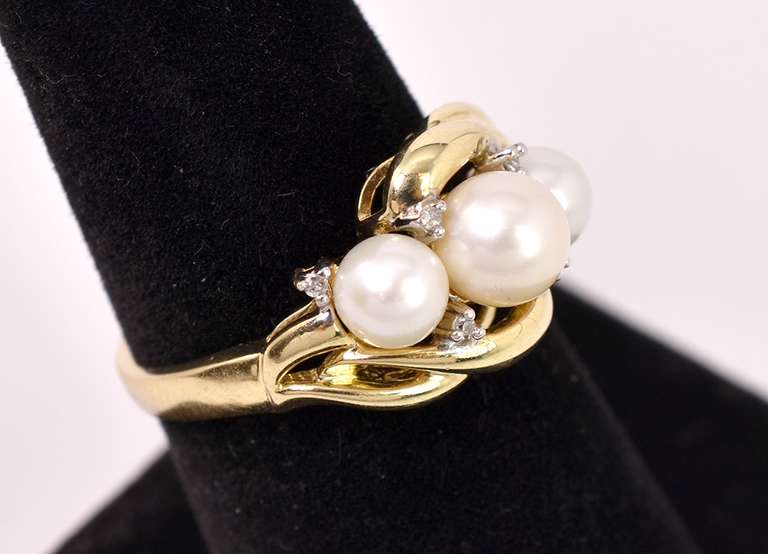 Wonderful Three Pearl and Diamond Ring in Yellow Gold