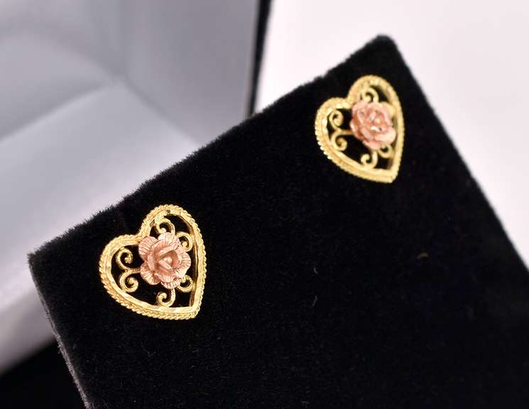 Fancy Rose Heart Earrings in 14k Two-Tone Gold