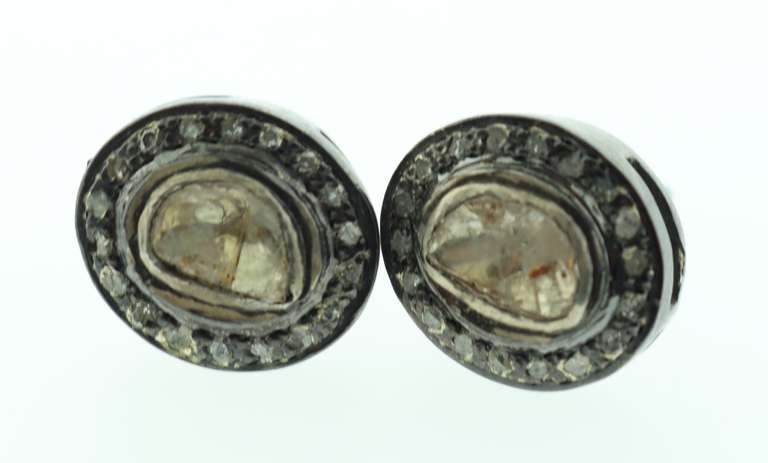 Oval Dark Silver Mine Cut Diamond Earrings with Diamond Accents