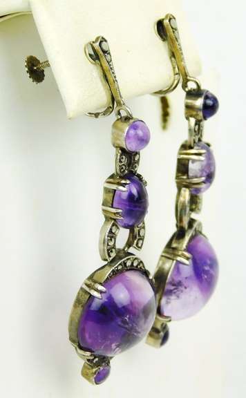 Finest Antique 930 Sterling Amethyst Cabochon Earrings