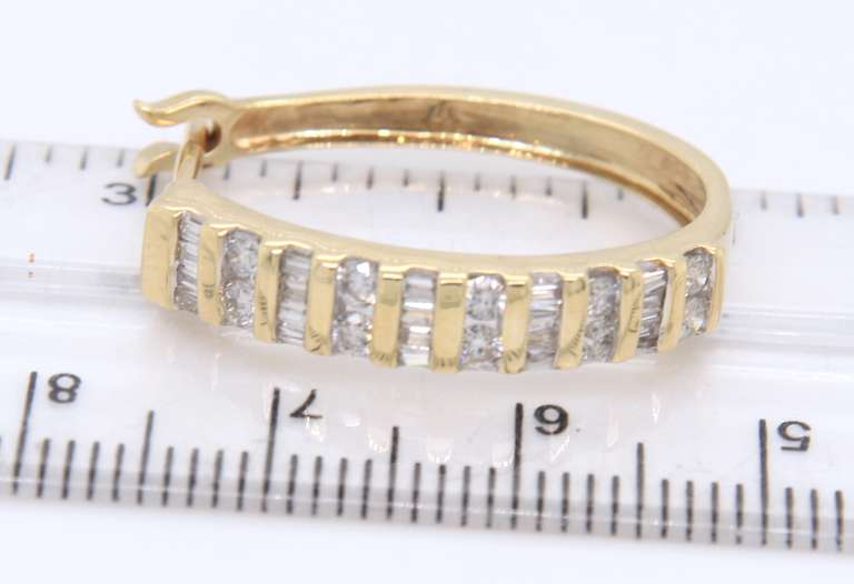 Charming Yellow Gold Round 7 Baguette Diamond Hoop Earrings