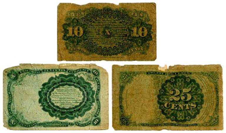 Three Fractional Currency Notes, 4th Issue 10 Cents, 5th Issue 10 Cents, & 5th Issue 25 Cents
