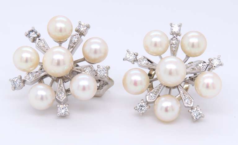 Fantastic White Gold Pearl and Diamond Star Earrings