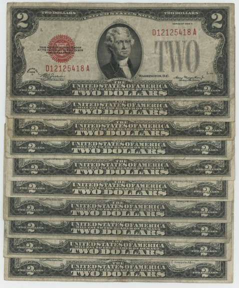 10 Series of 1928 Small size $2 Red Seal Notes in circ